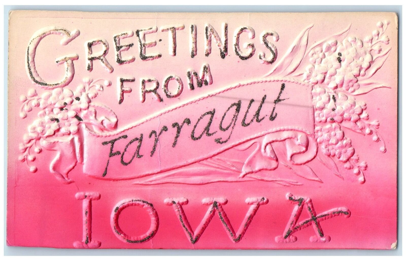 c1950's Greetings From Farragut Exterior Glitters Iowa IA Embossed Postcard