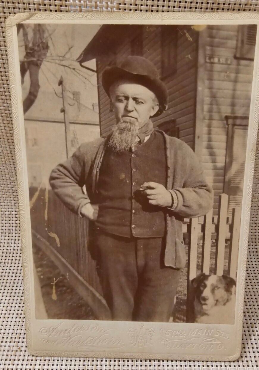 Antique Cabinet Card Candid Photograph Bearded Man With Dog Cigar Sepia Dayton 