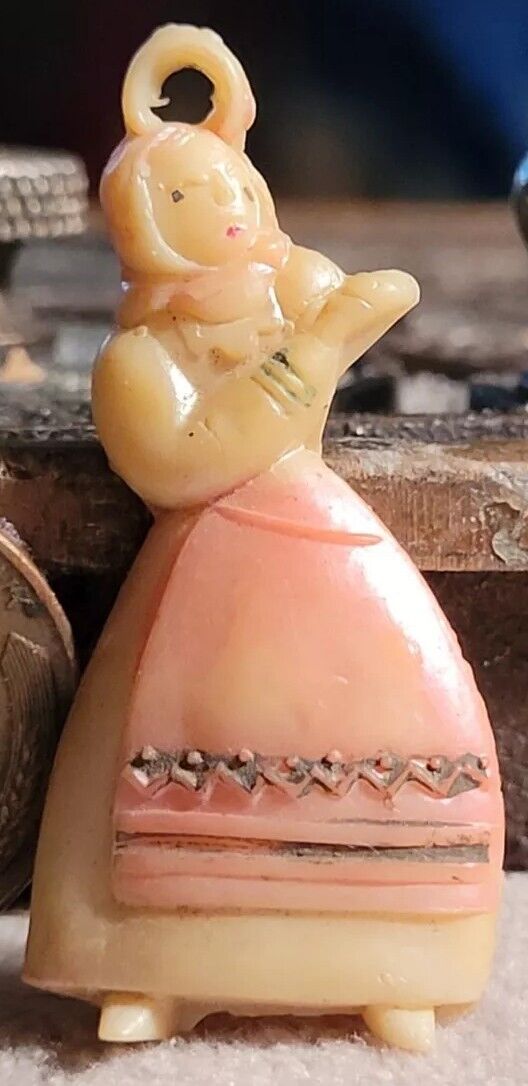 Vintage Celluloid WOMAN IN PEASANT DRESS charm prize jewelry 