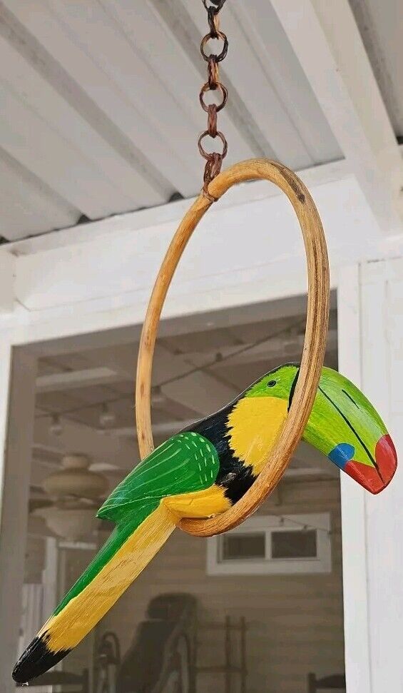 Vtg Colorful Hanging Painted Toucan Bird On Circle Perch Decor Tropical