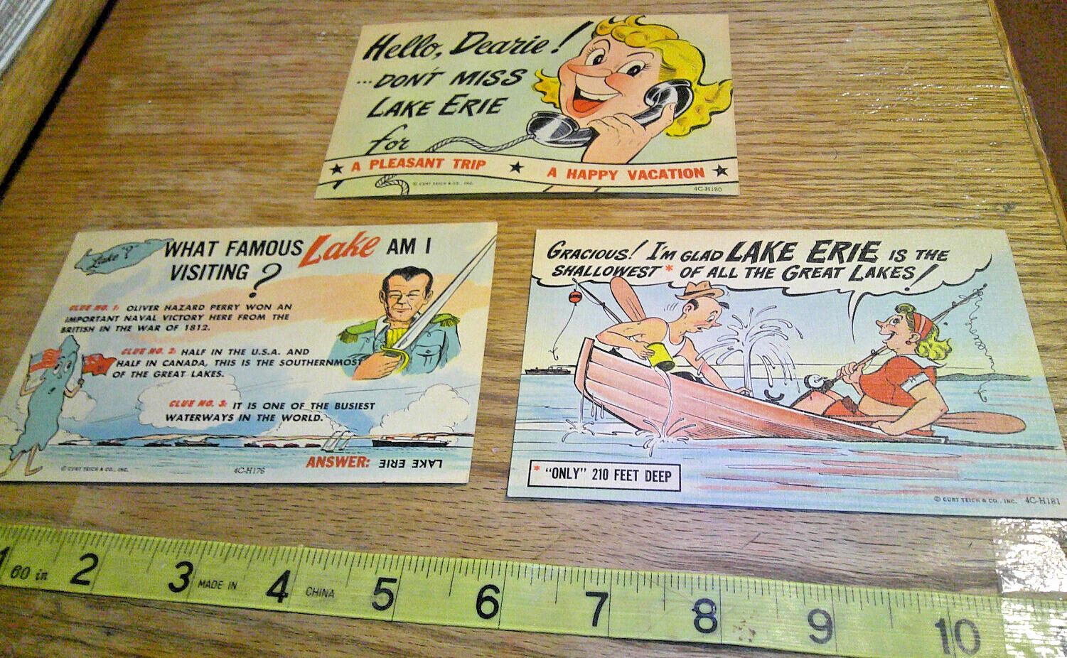 3 Lake Erie Comic Linen cards, hello dearie, shallowest great lakes, lake visit