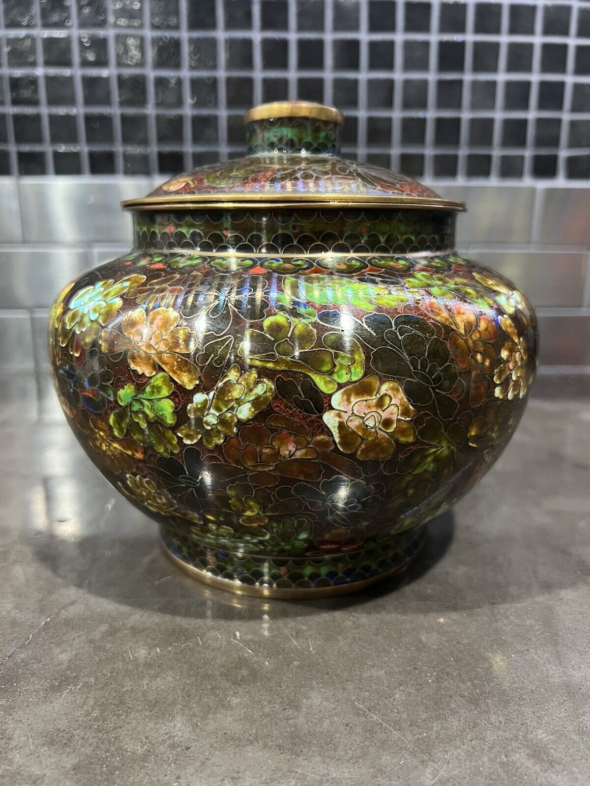 Chinese Floral  Cloisonné Enamel Covered Ginger Jar Bowl With Lid Cloisonne