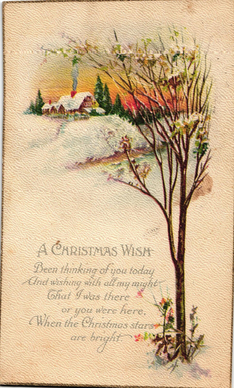 antique postcard Christmas Poem Snowy Cottage Chimney Smoke Sunset