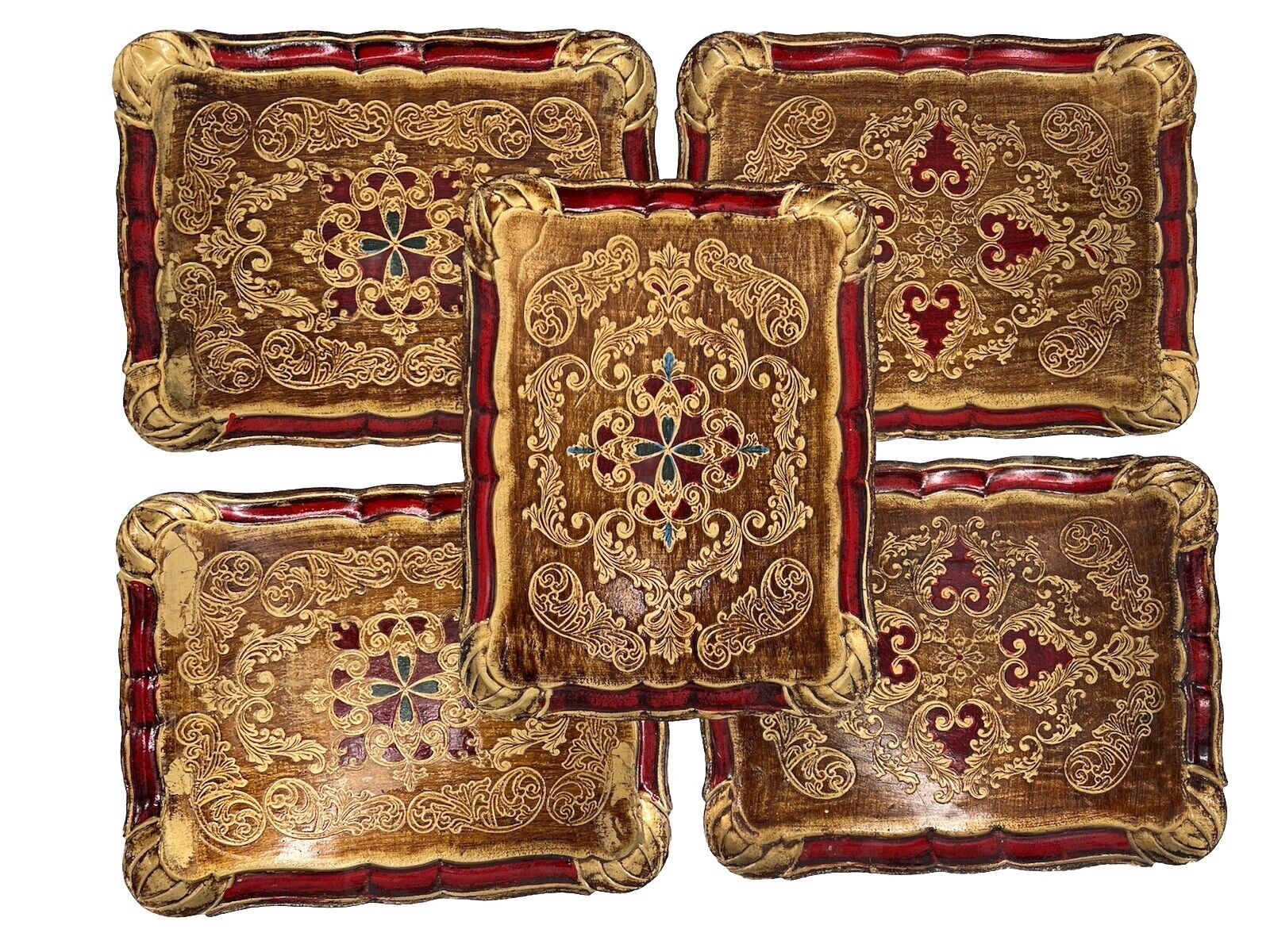 Vintage Italian Florentine Trays - Set of 5 - Gold Red Blue - 16” x 12”