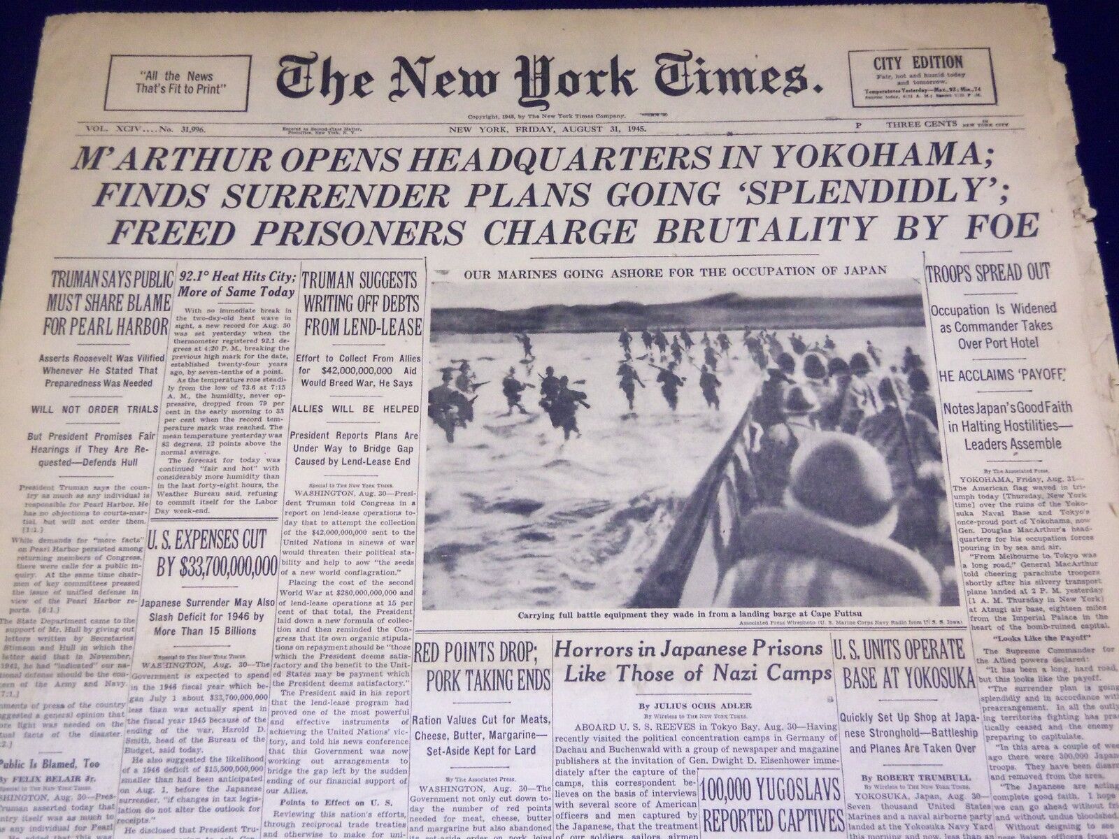1945 AUG 31 NEW YORK TIMES - M\'ARTHUR OPENS HEADQUARTERS IN YOKAHAMA - NT 566