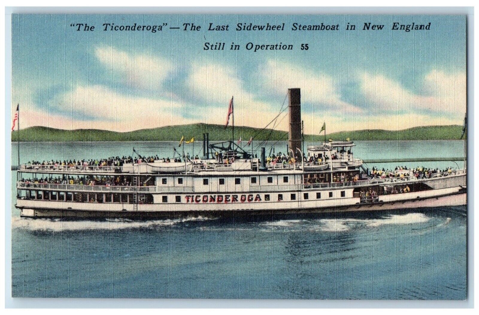 c1940 The Ticonderoga Last Sidewheel Steamboat New England Operation Postcard