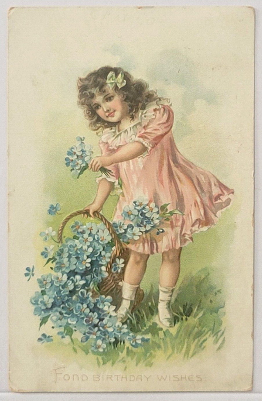 Postcard Fond Birthday Wishes Flower Basket Girl Posted 1910  Embossed Antique