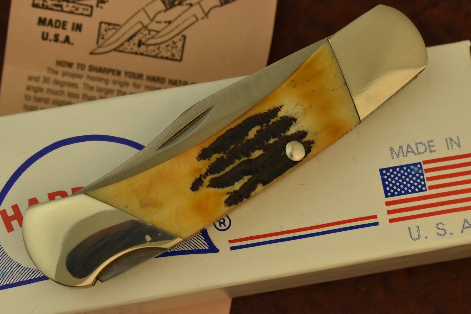 VINTAGE HARD HAT MADE IN USA BONESTAG BONE STAG PREMIUM LOCKBACK KNIFE (16039)