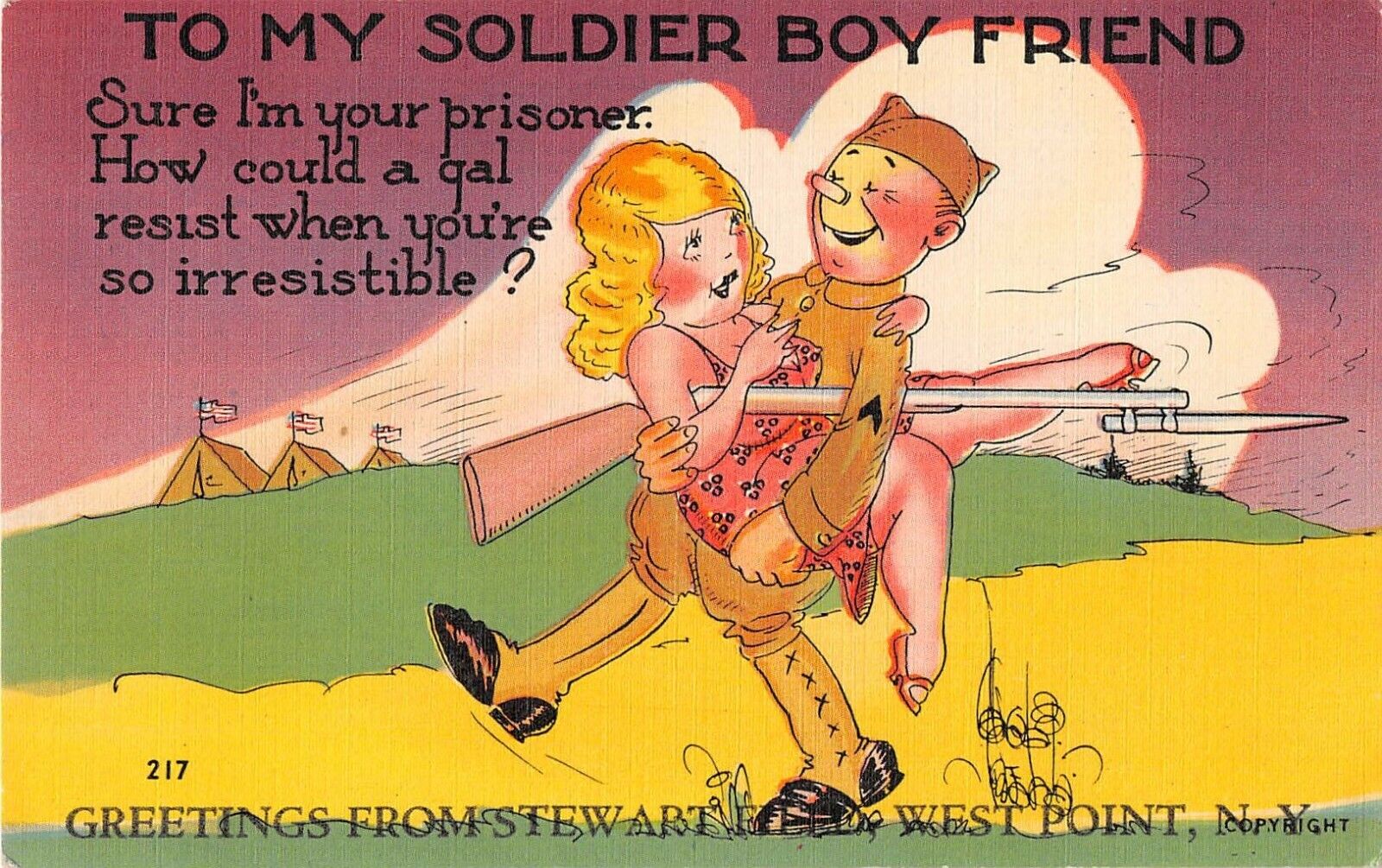 Soldier Carries Sexy Chubby Lady-Old Comic Linen Military PC-Walter Wellman
