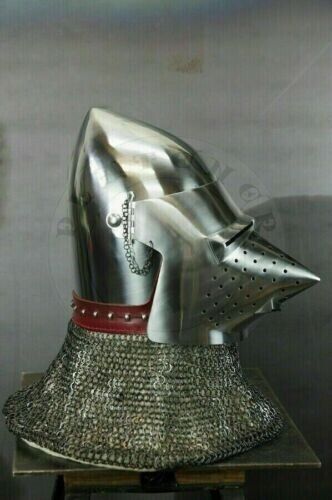 Custom SCA HNB 16 Gauge Steel Medieval Pig Face Bascinet Helmet w Aventail