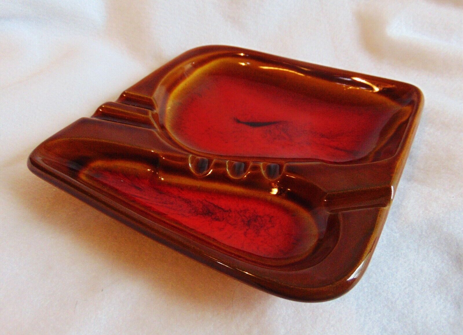 Vintage MCM Retro Ashtray Brown Red Drip Glaze Art Pottery Ceramic Japan 6.75