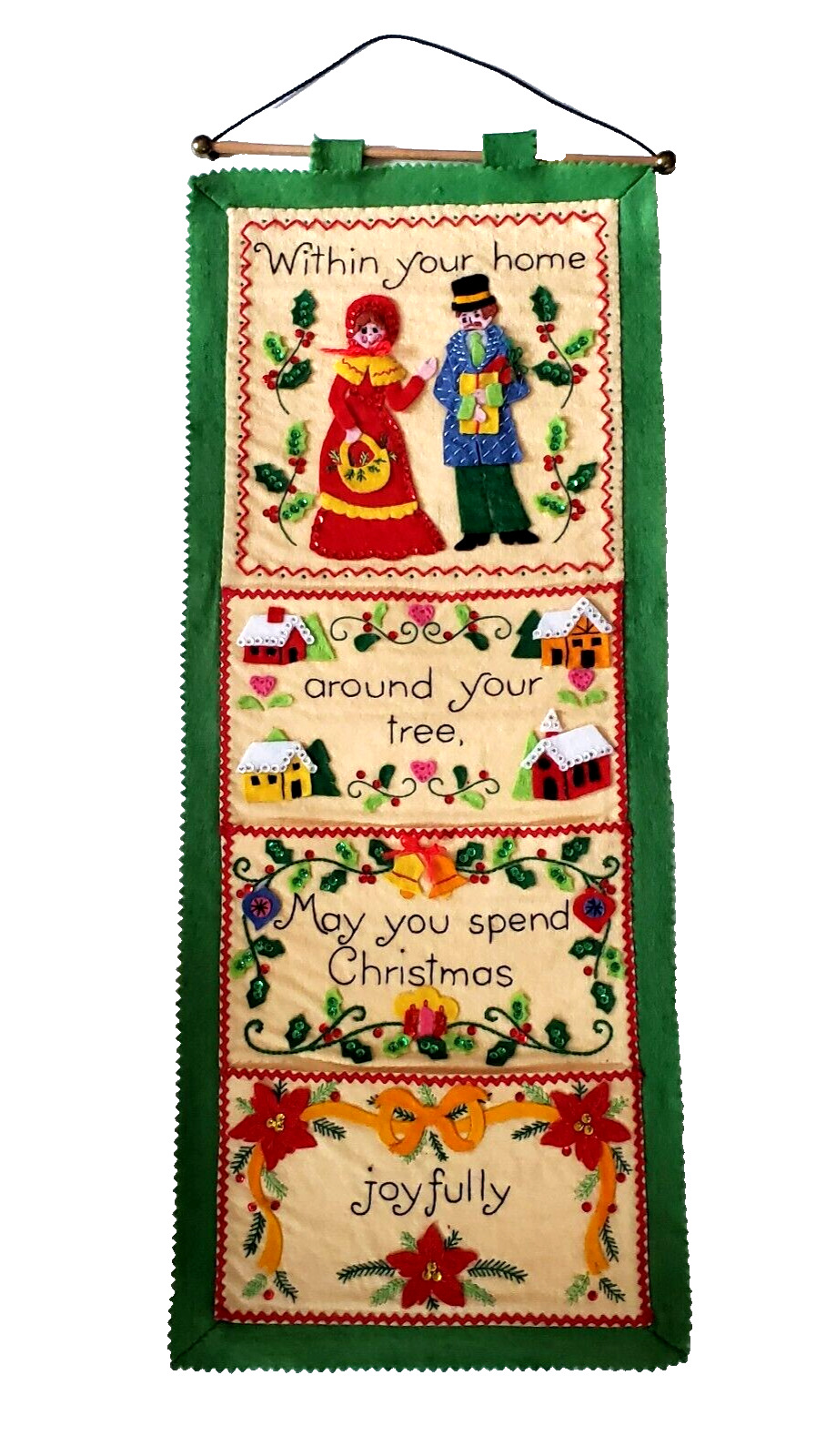 Vintage Completed Bucilla Christmas Card Holder Wall Hanging Embroidery Sequins