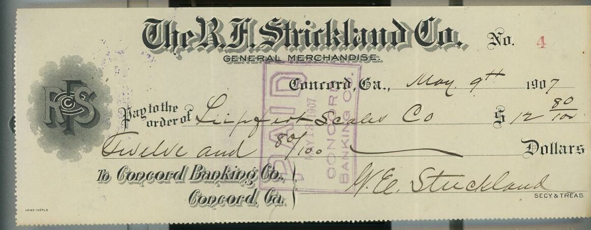 1907 R.F. Strickland Co. Concord Ga Check $12.80 Lippfert-Scales Co Tobacco A9