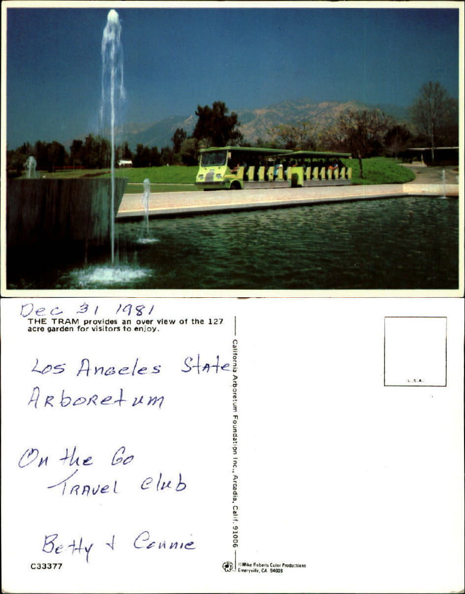 Tram for visitors to Los Angeles County Arboretum Arcadia CA chrome 1980s