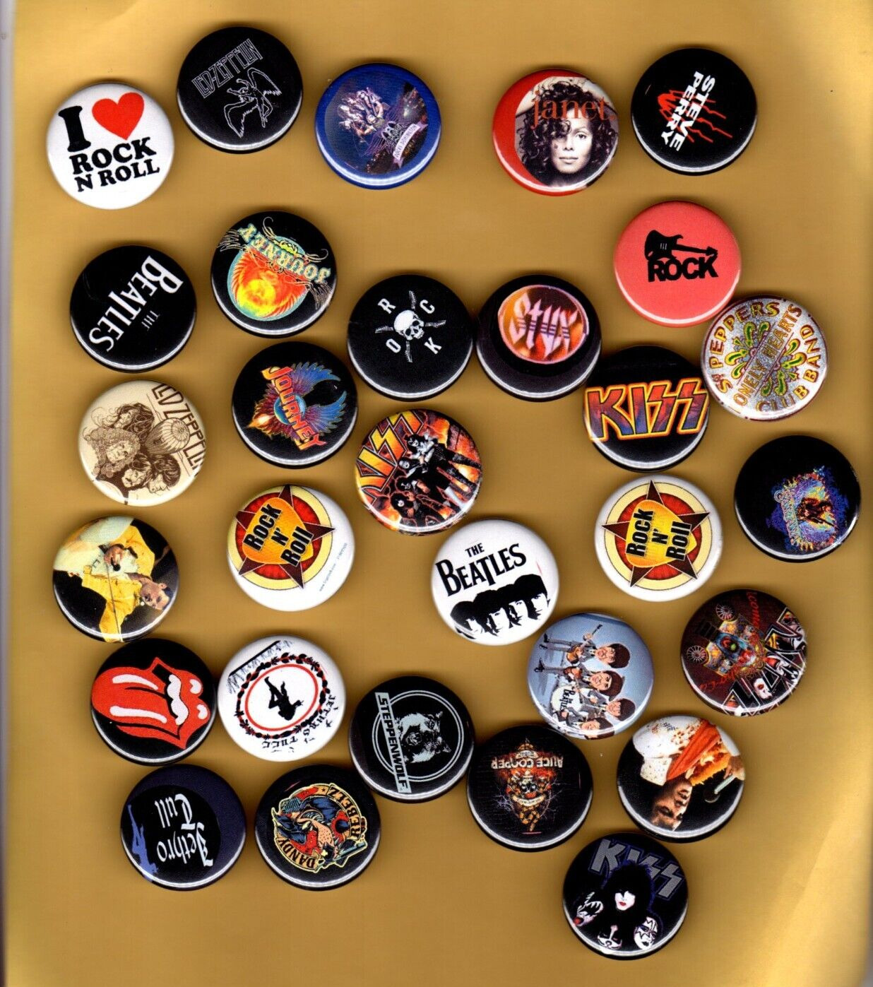 ROCK AND ROLL LOGO  26 ASSORTED   1.25” Button Set  LOT Of  26  Pins  Pinbacks