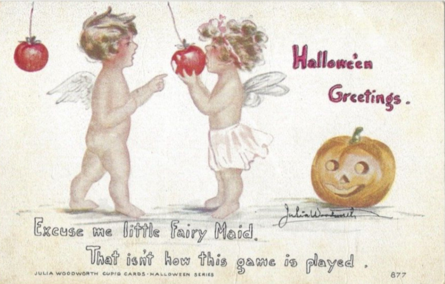 1913 Halloween Fantasy Postcard Cupid Angel Fairy Maid Eats Apple Ser 877 Owen