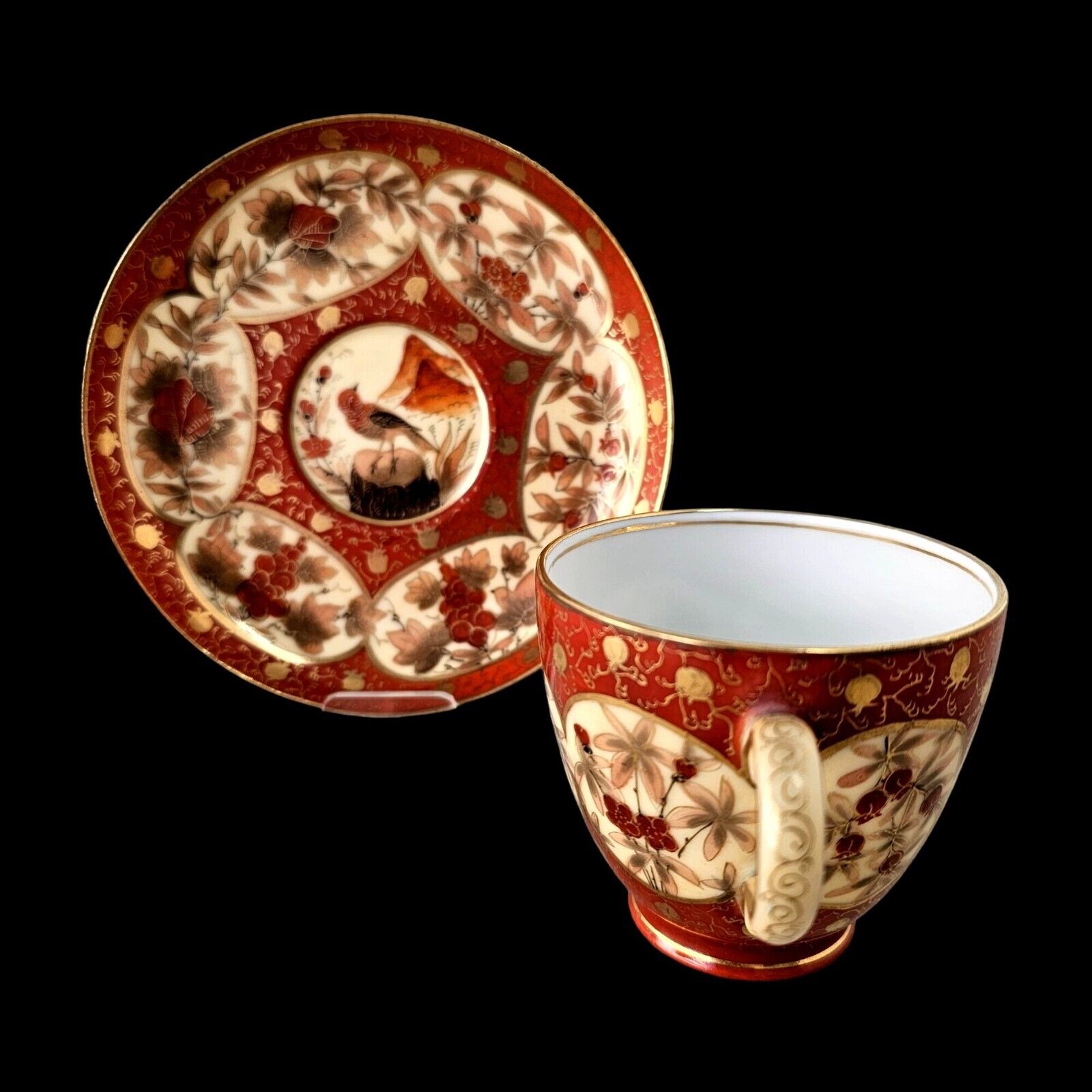 Carl Knoll Carlsbad Antique Czech Porcelain Demitasse Cup & Saucer Red Gold Bird