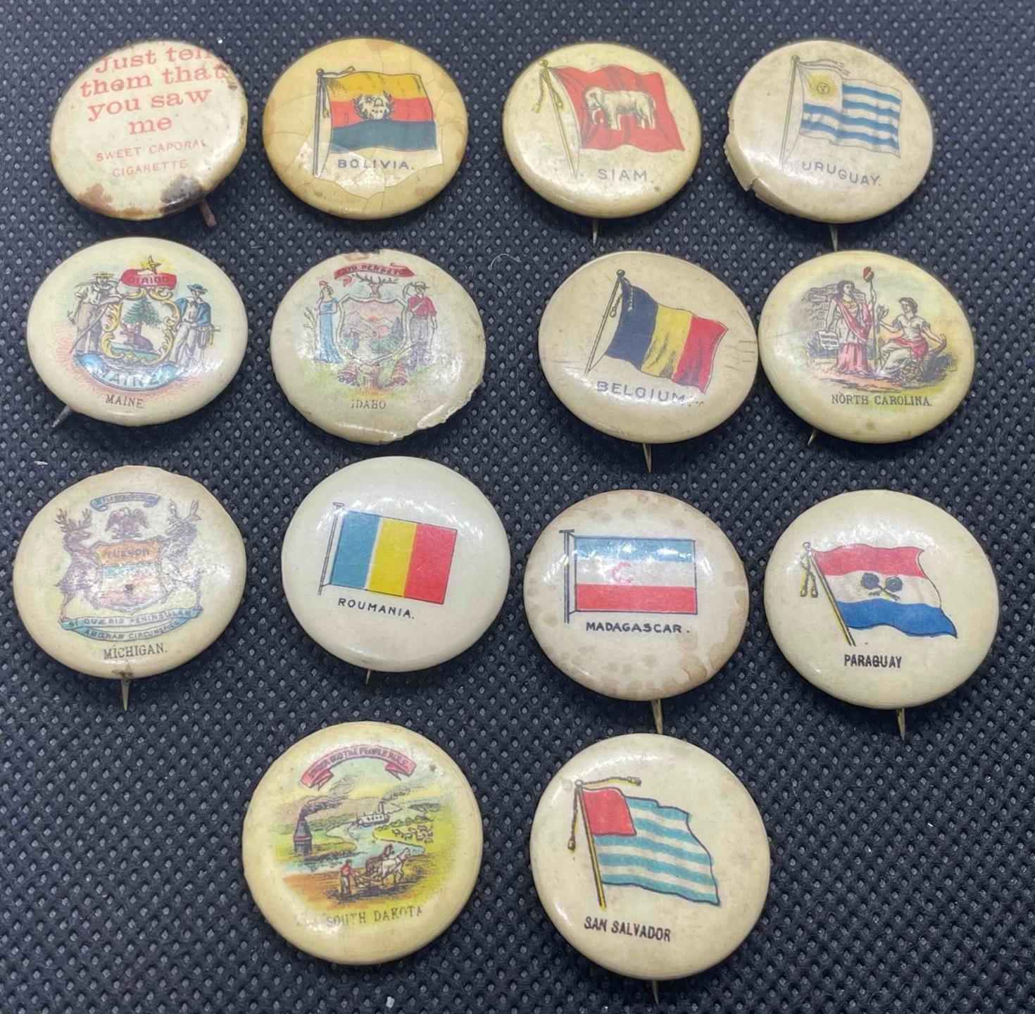 LOT/14 SWEET CAPORAL & DUKE CIGARETTES PINBACKS FLAGS OF STATES & COUNTRIES