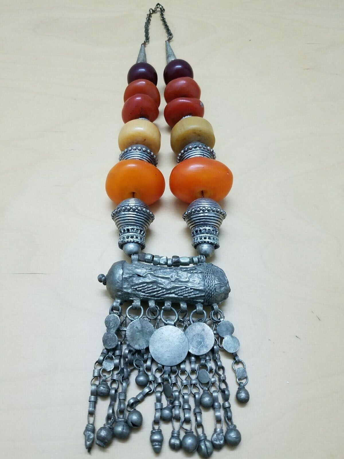 Antique Silver Yemeni Tribal Bedouin Necklace handmade with Amber Copal 381 G