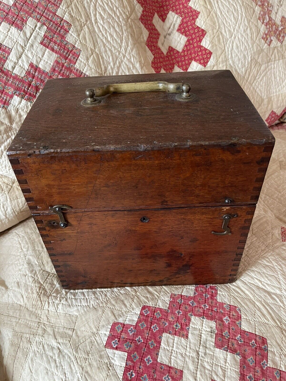 Antique Oak Box with Lovely Dow Tailed Corners and Brass Handle