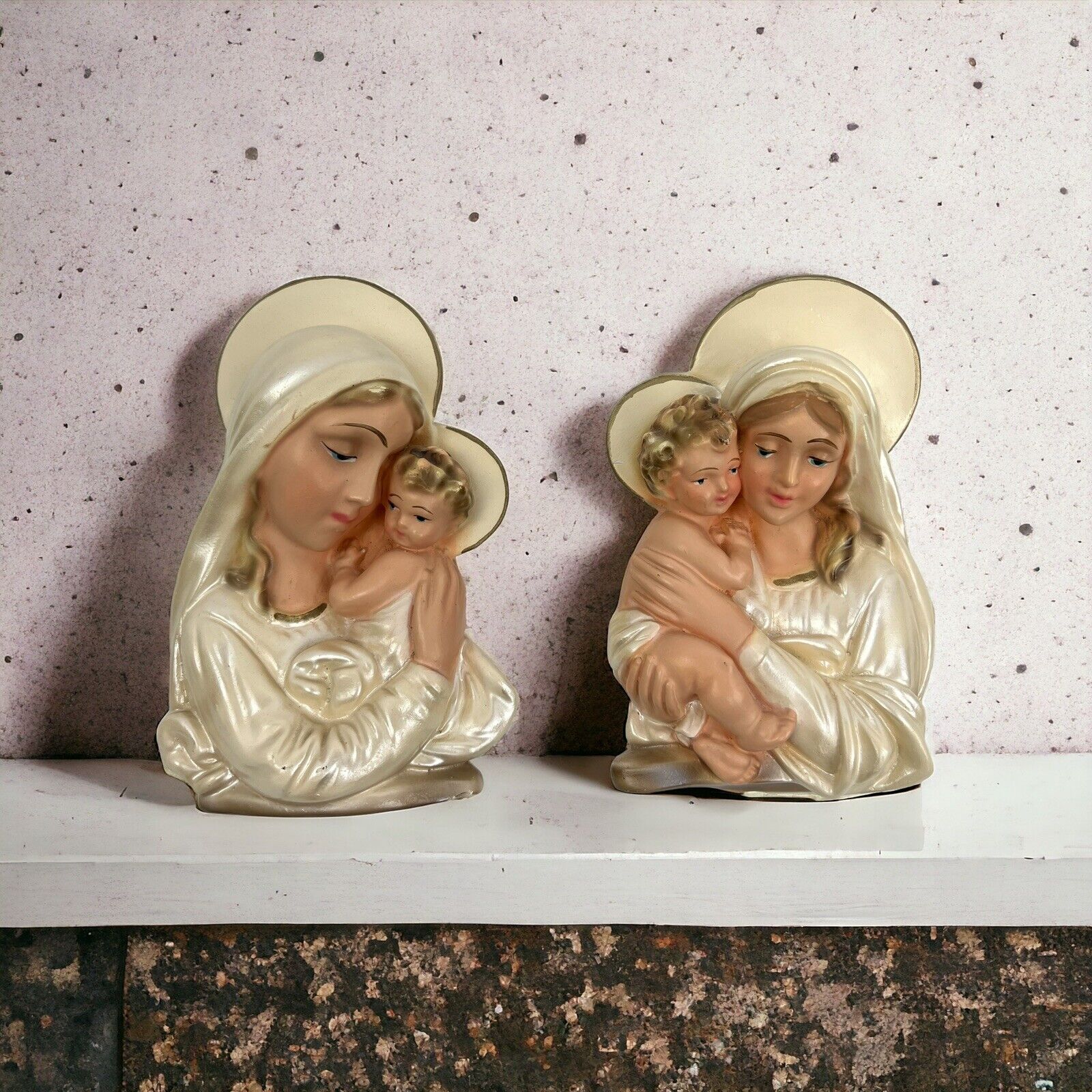 2 Vintage Religious Statuary Madonna & Child Chalkware Statue Wall Hanging