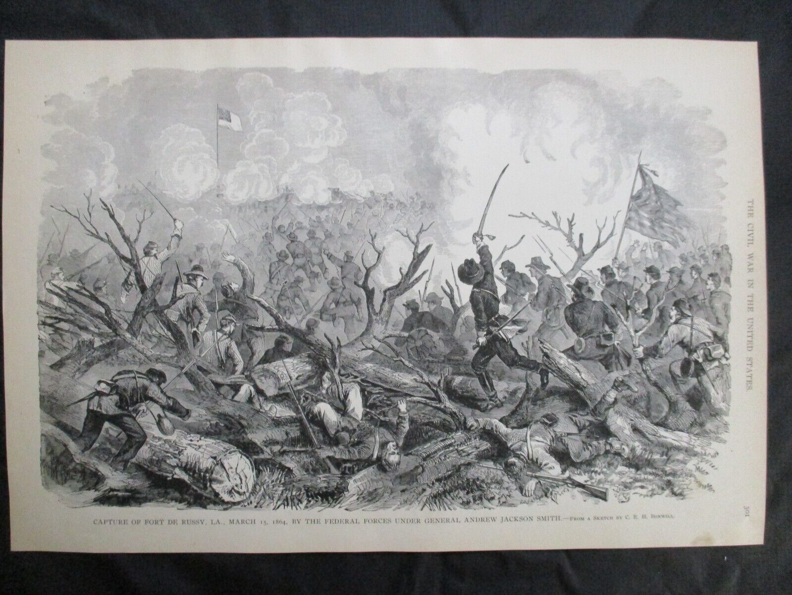 1885  Civil War Print - Federal Forces Capture Fort De Russy, Louisiana, 1864