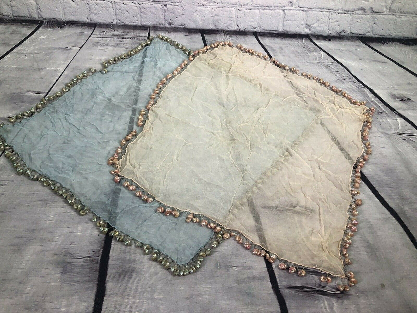 vtg cottage by the sea of 2 silk sea shell trim linen doilies aqua and peach 