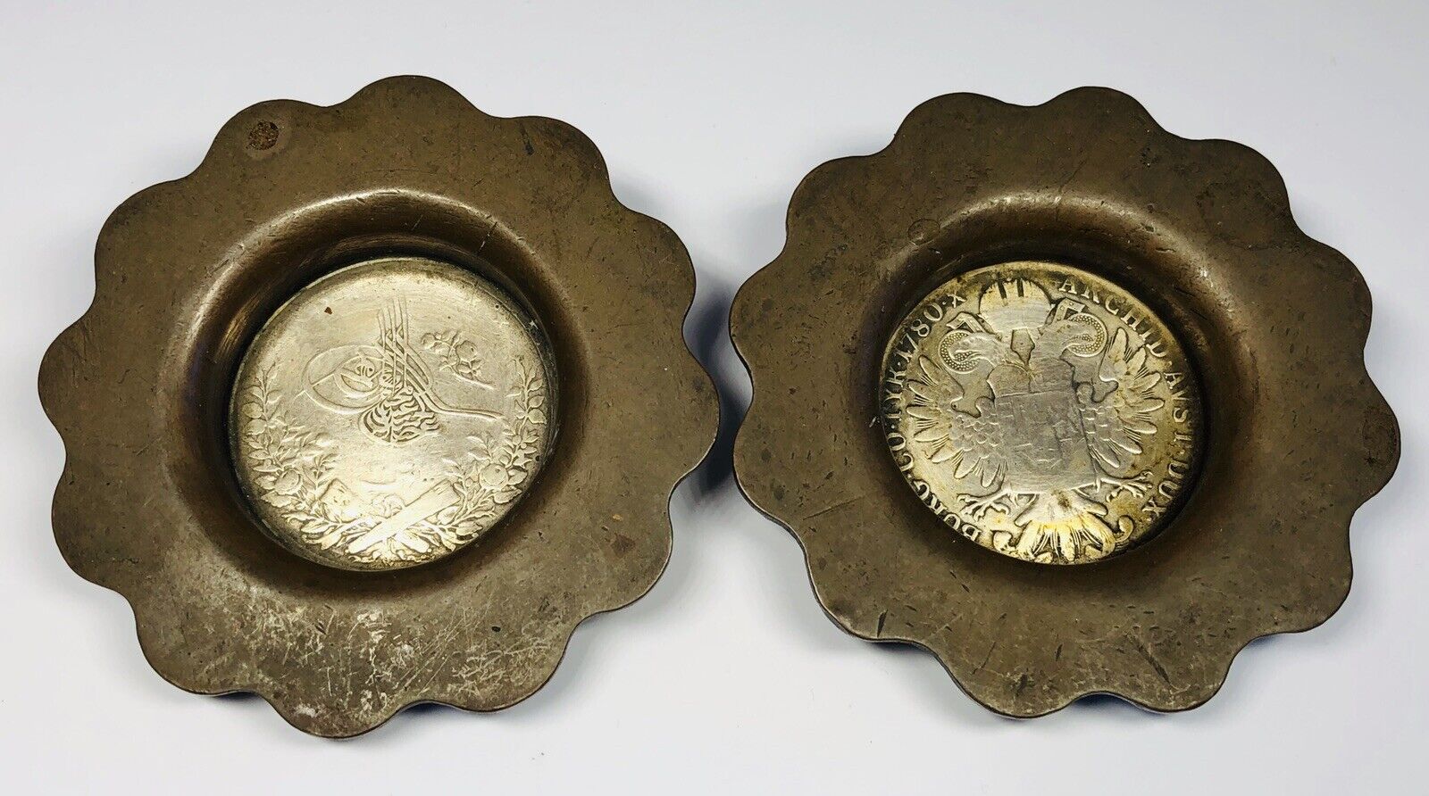 Pair of Antique Turkish and Austrian Silver Coin and Bronze Candleholders