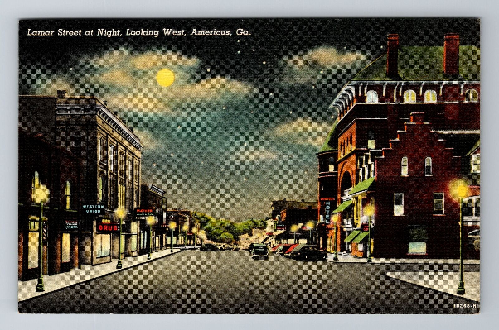 Americus GA-Georgia, Lamar Street, Hotel Drugstore, Night Linen Vintage Postcard