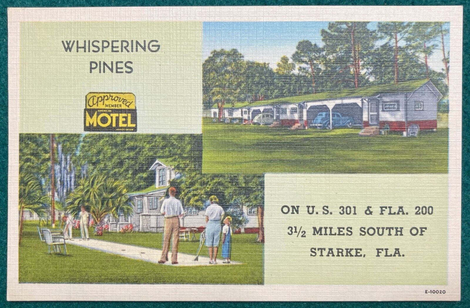 Whispering Pines Motel Starke Florida Linen Postcard Shuffleboard circa 1940 FL