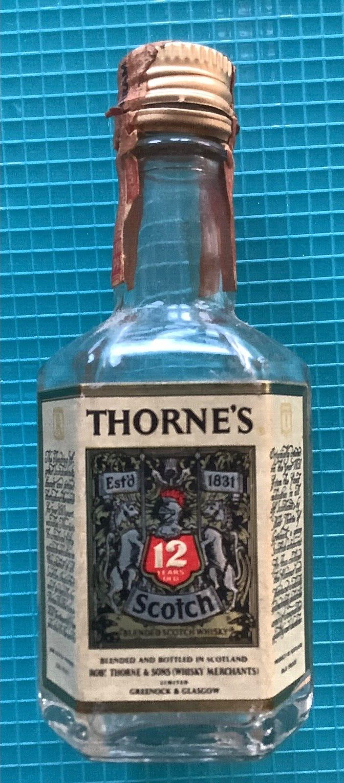 Vintage Thorne\'s Scotch Miniature Alcohol Bottle / Empty / Wisconsin Stamp