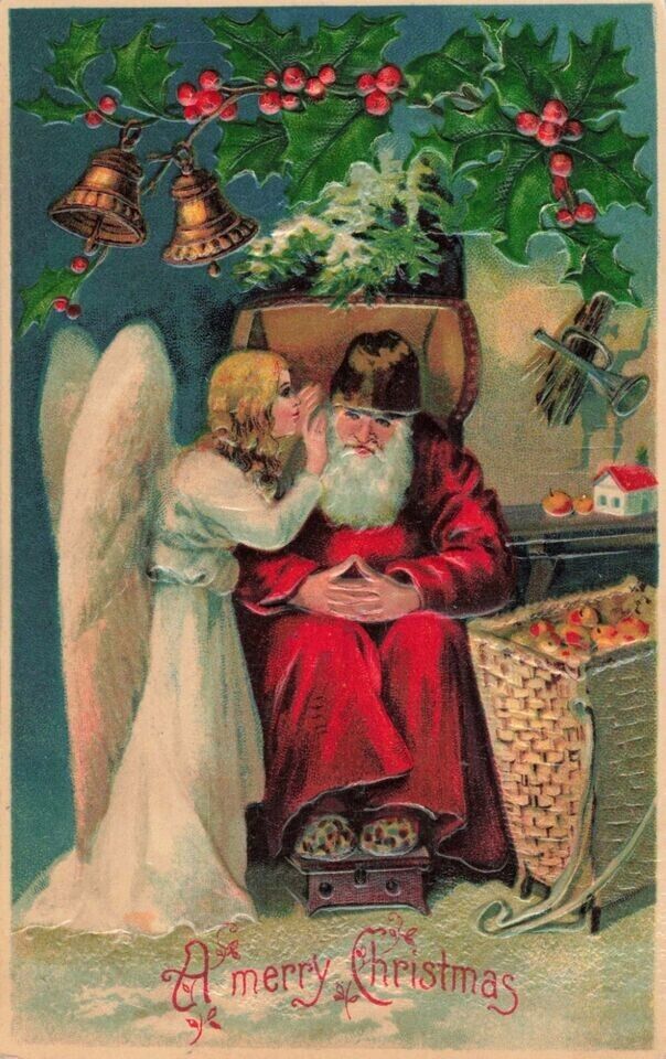 Santa Claus with Whispering Angel~Holly~Antique Embossed Christmas Postcard~k434