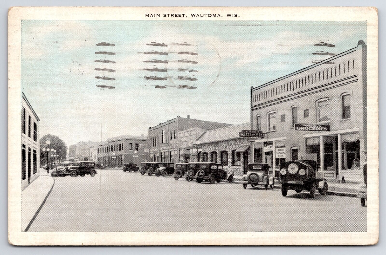 Wautoma Wisconsin~Main Street~Groceries~Power & Light~Linen Postcard