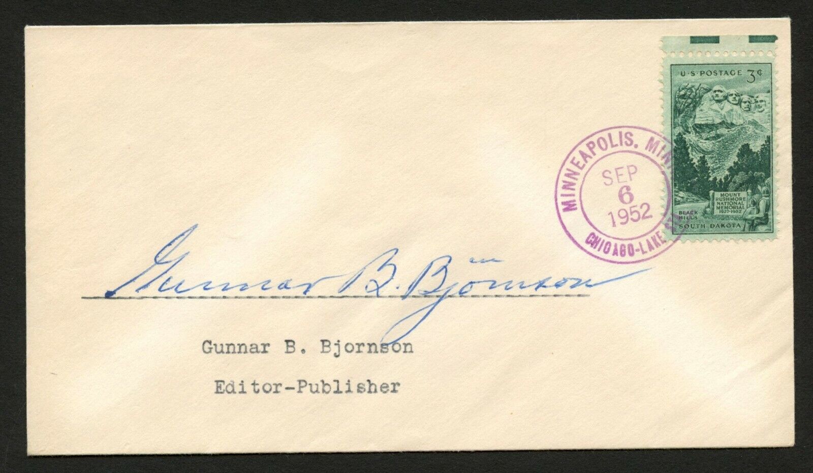 Gunnar B. Bjornson d.1957 signed autograph postal cover Editor-Publisher PC026
