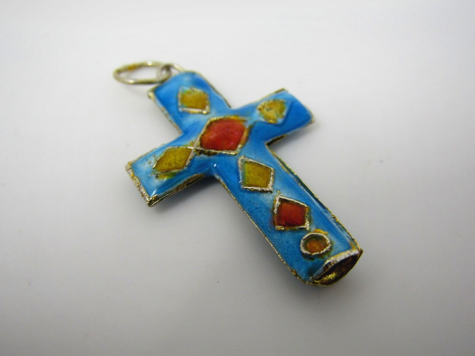 Vintage Christian Cross Necklace Pendant: Blue & Orange Enamel