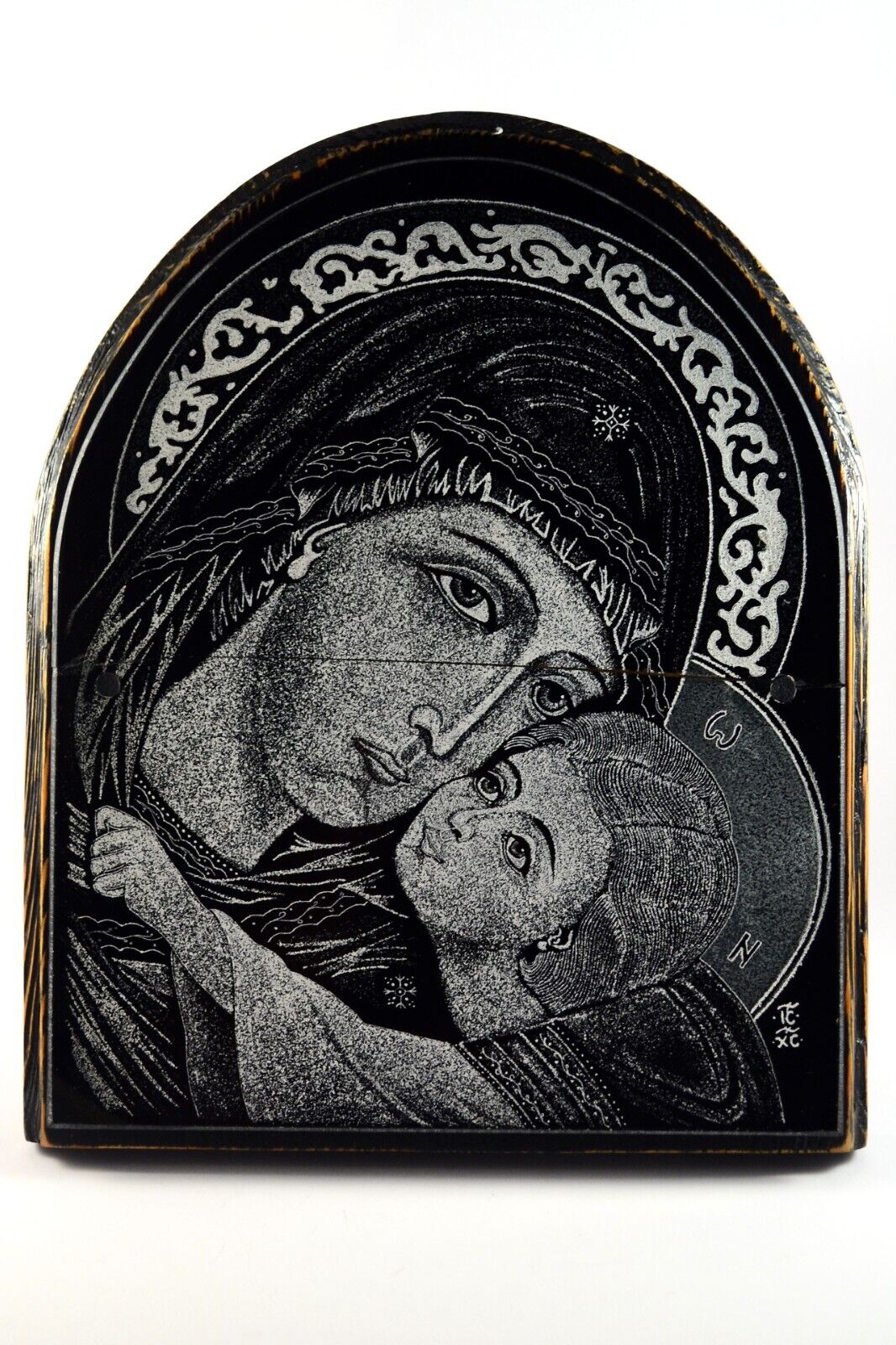 VTG Mother Mary and Jesus Religious Orthodox Icon Handmade Plaque Stand Ukraine