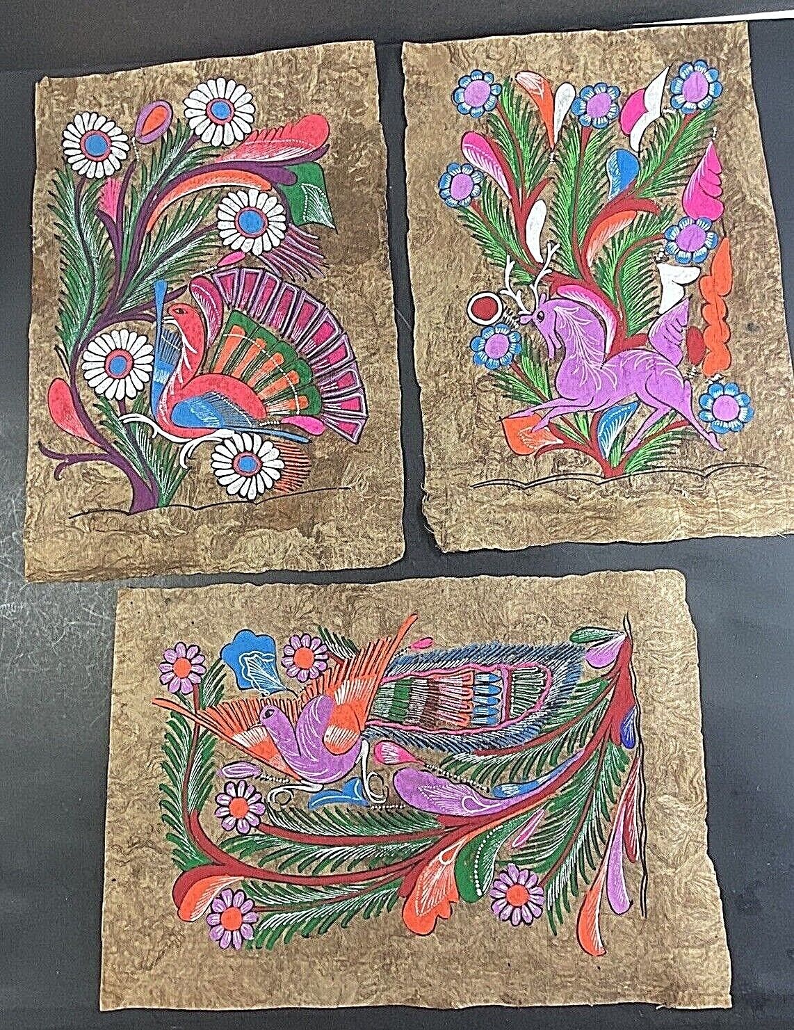 3 Retro Mexican Folk Art Amate Bark Paintings Bright Colors Flowers Birds