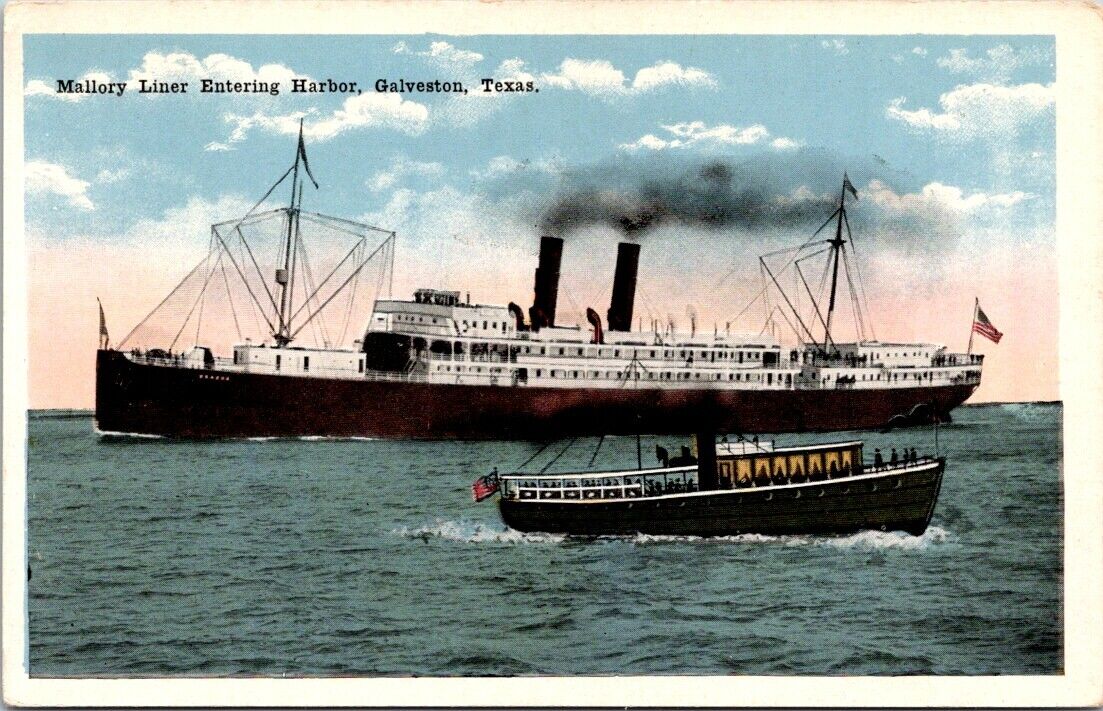 Galveston TX Mallory Liner Entering Harbor c1920s Seawall Specialty postcard NQ8