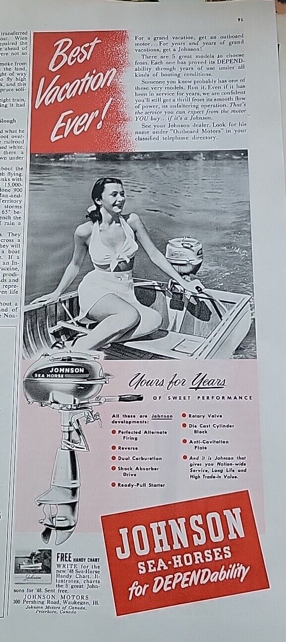 1948 Johnson seahorse  motor boat , pretty woman best vacation ever Vintage ad
