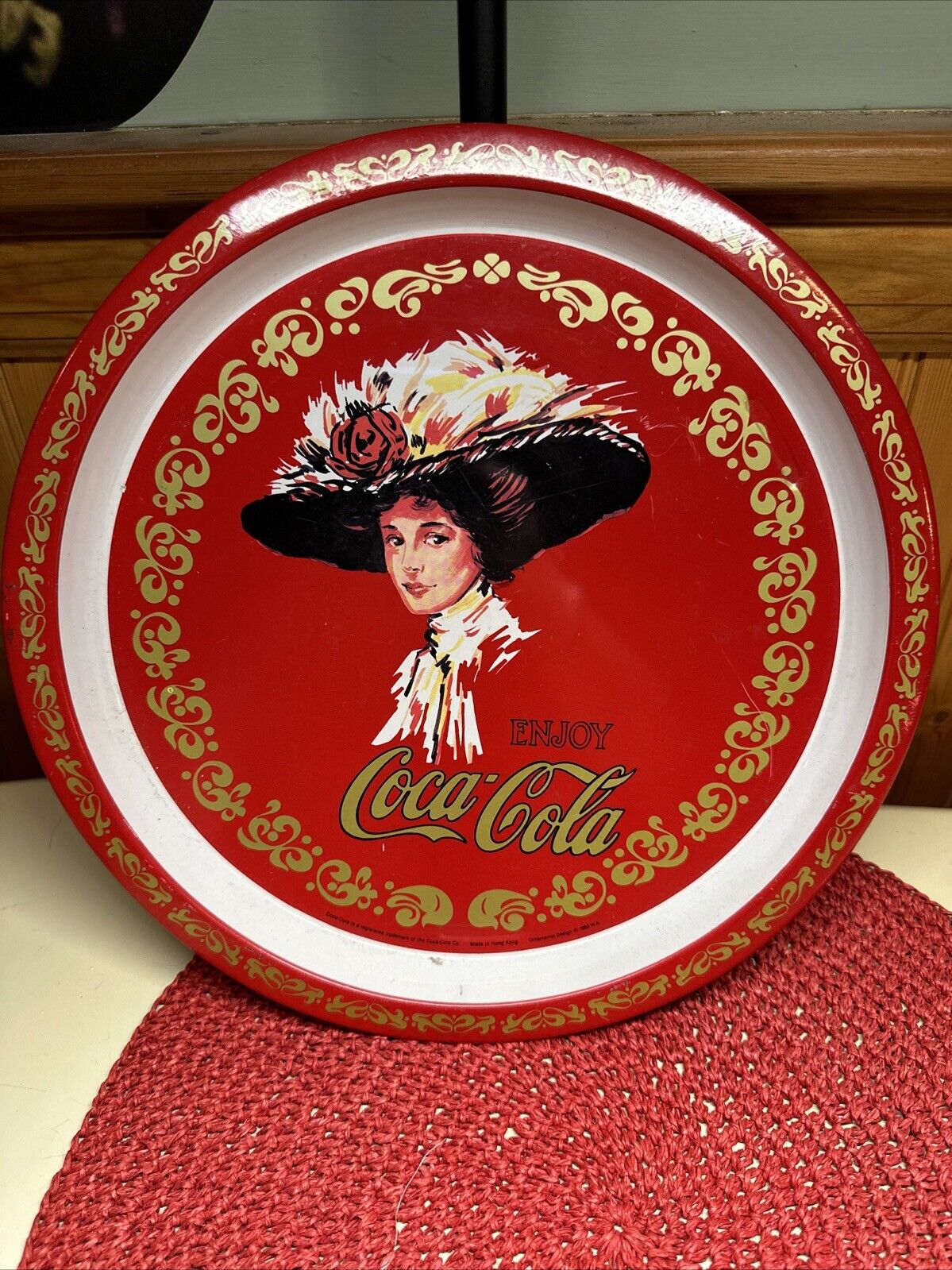 VTG Coca Cola Tin Serving Tray Round Woman Fancy Hat Red White and Gold 1982