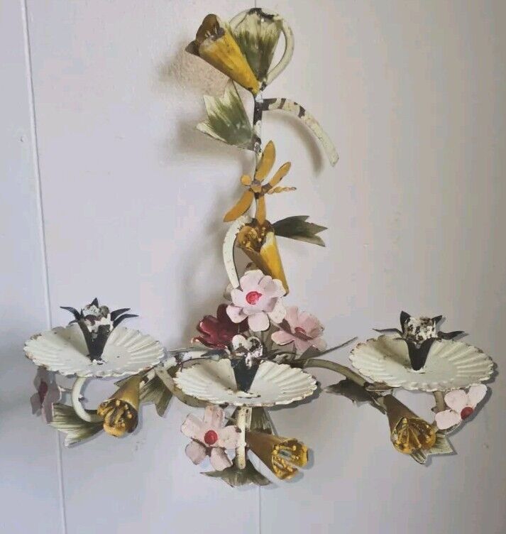  vintage Italian Floral Tole 3 arm WALL SCONCE CANDLE HOLDER 13\