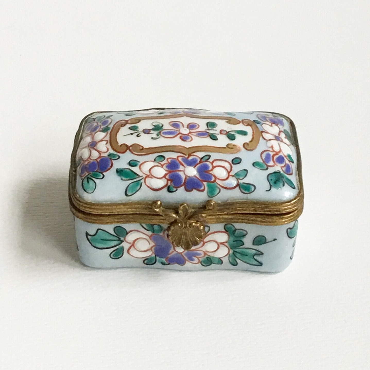 Vintage Hand Painted Floral Porcelain Hinged Lid Trinket Box Cottage Core