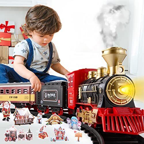  Train Set with Steam Locomotive Engine, Cargo Car and Long Track for Red