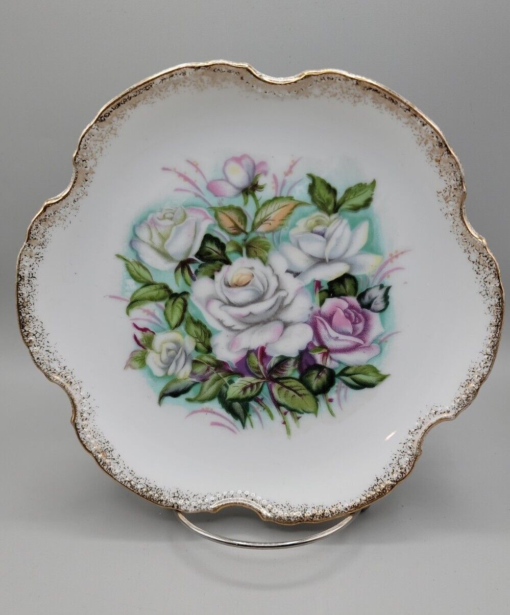 Vintage Pink White Purple Rose Wall Plate Made In Japan Gold Trim 8 1/4
