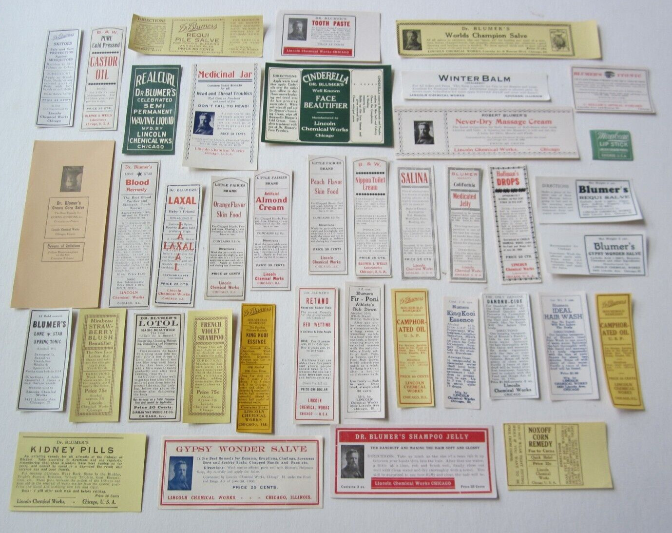 Lot of 40 Old Vintage 1920\'s Dr. Blumers Lincoln Chemical Health & Beauty LABELS