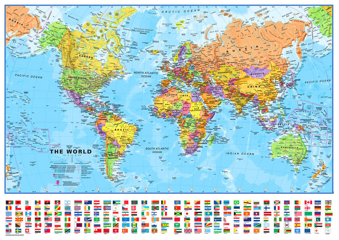 Maps International *THE WORLD* Political/Physical Map w/Flags Laminated 39