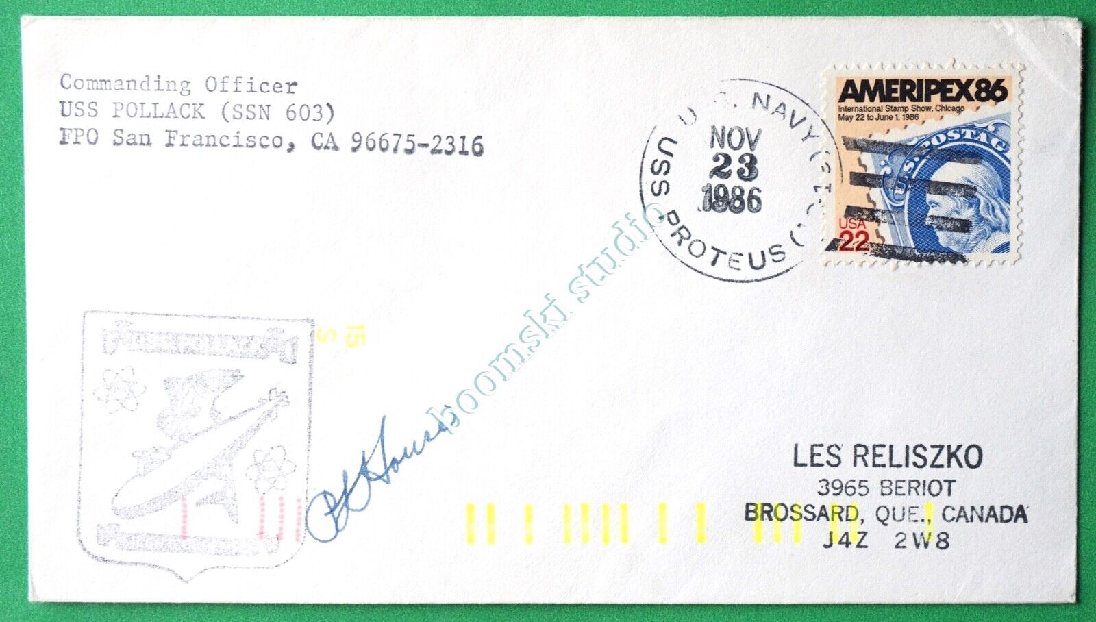 USS POLLACK SSN-603 signed cover on USS PROTEUS dated 1986 (CAN-77)