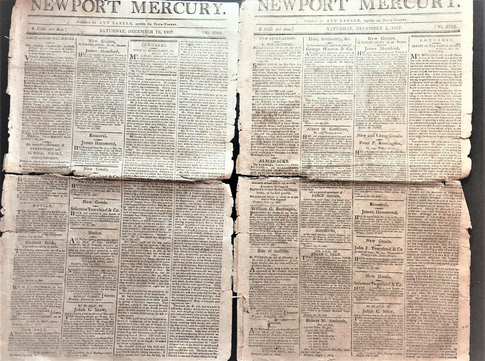 2 Newport Mercury Newspapers 1807, News of Congress, European Affairs, Customs &