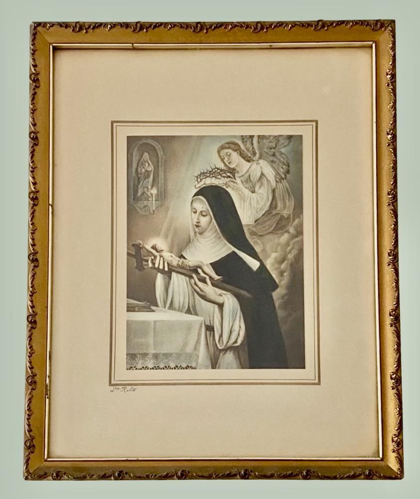 1920's St. Rita of Cascia TABER PRANG ART PRINT GOLD Framed pencil signed