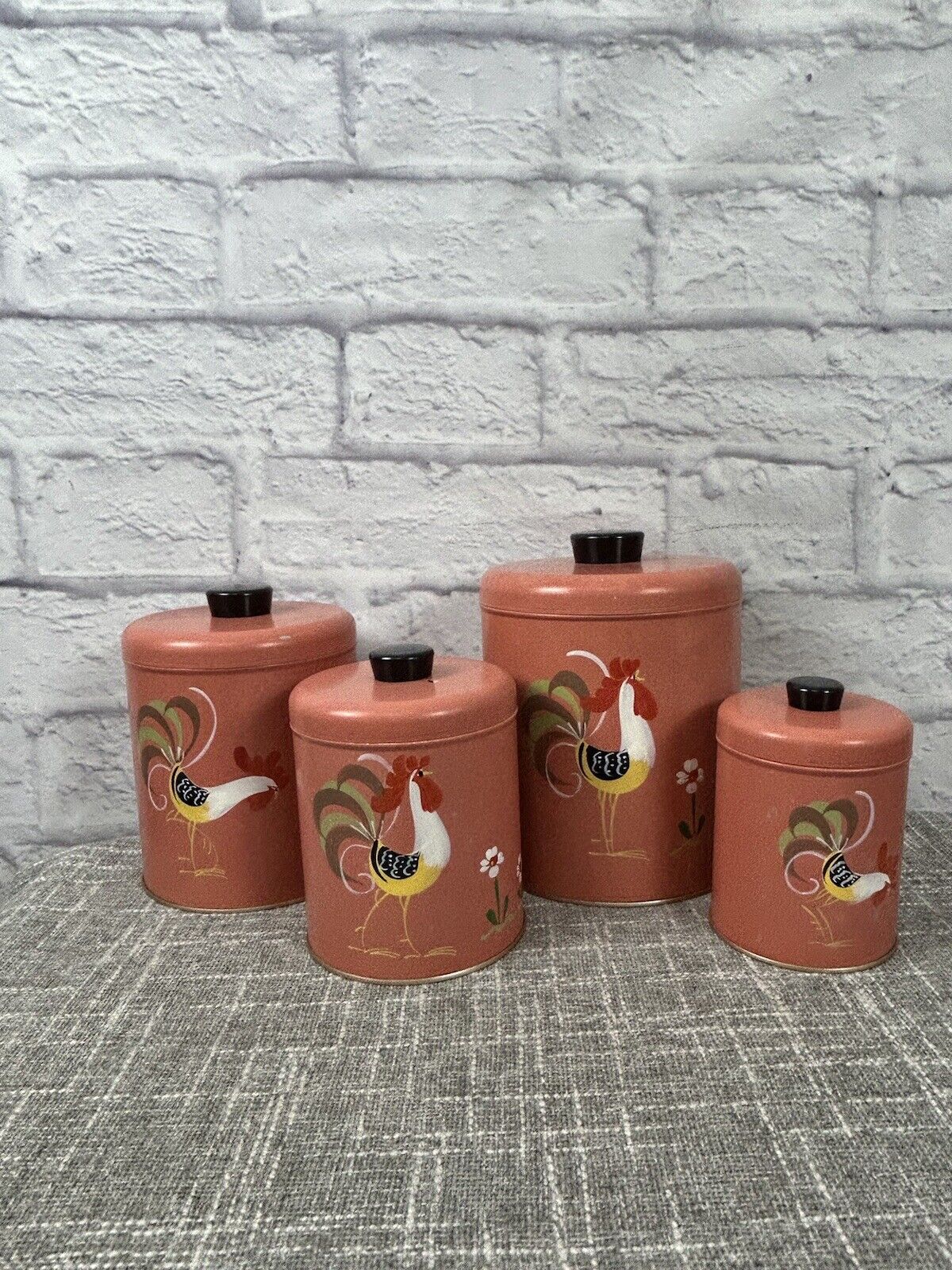 Vintage Ransburg Rooster Chicken Canister Set of 4 Handpainted Pink Mid Century